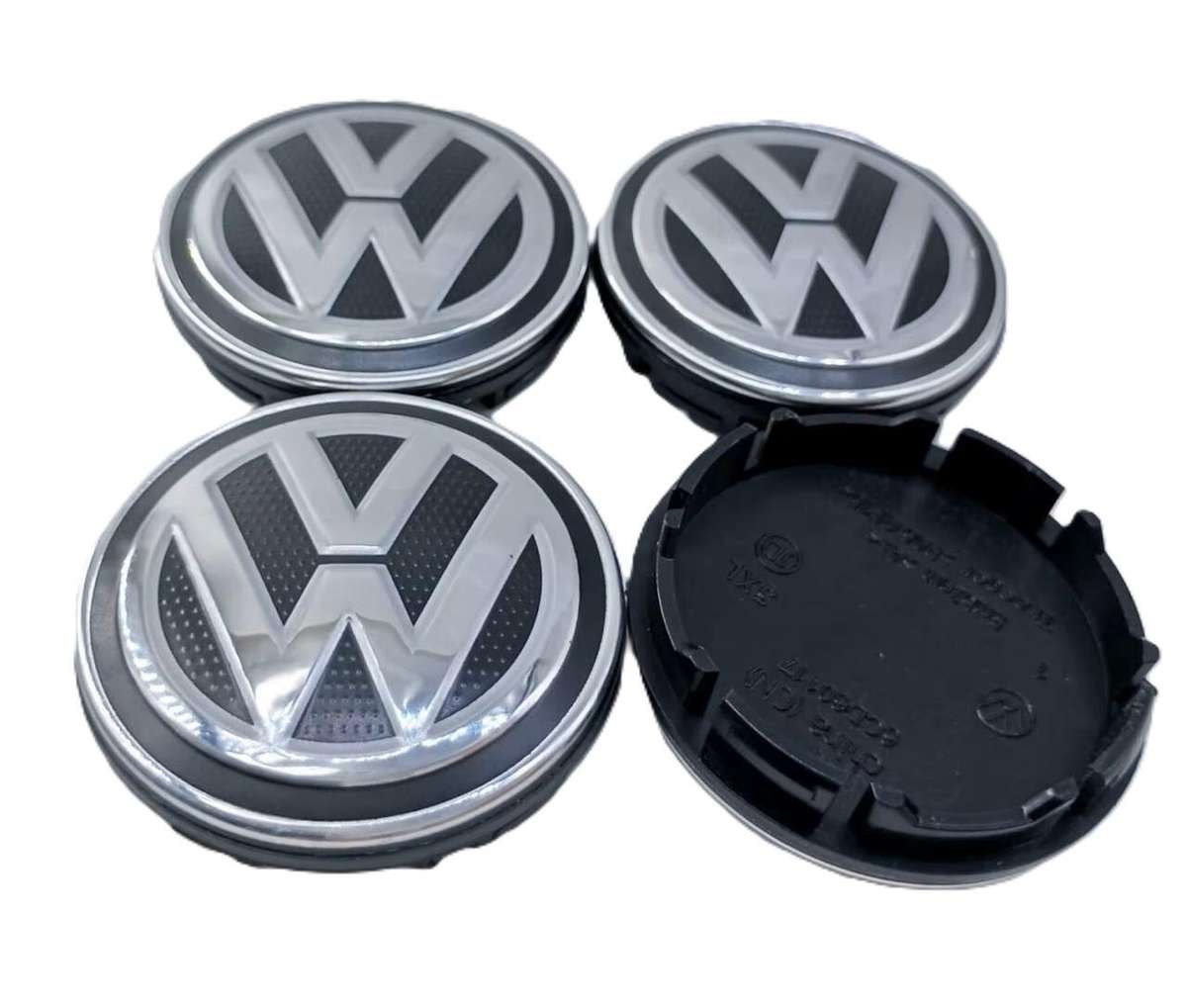 4x 65/56mm Chrome / Black Plastic Wheel Centre Cap for VW (gritty background)