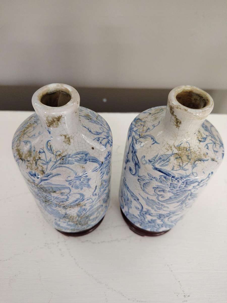 Vintage set Blue and white bottles in plinths