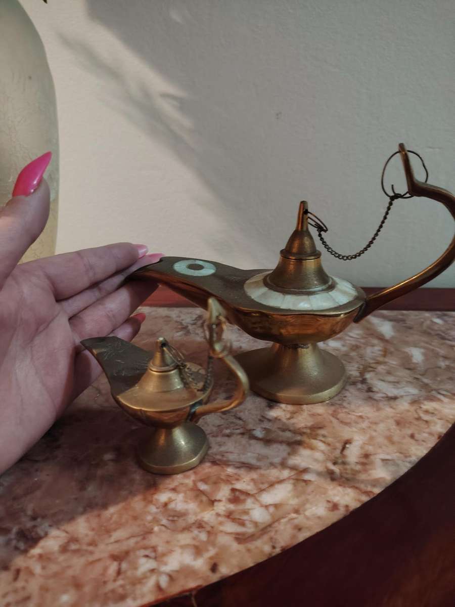 Set of vintage brass genie lamps one with mother of pearl inlay