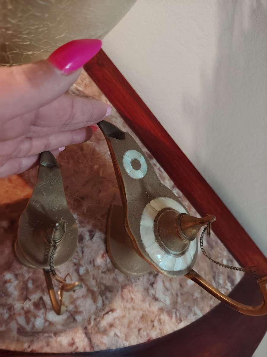 Set of vintage brass genie lamps one with mother of pearl inlay