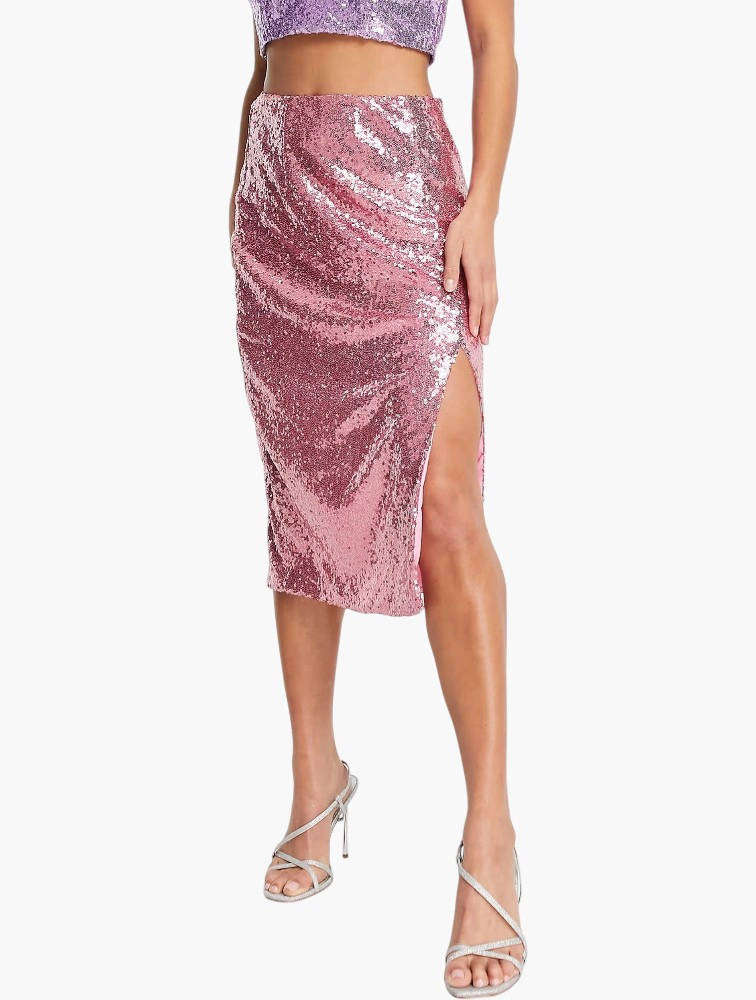 Collective The Label petite sequin split midi skirt co-ord in pink UK6