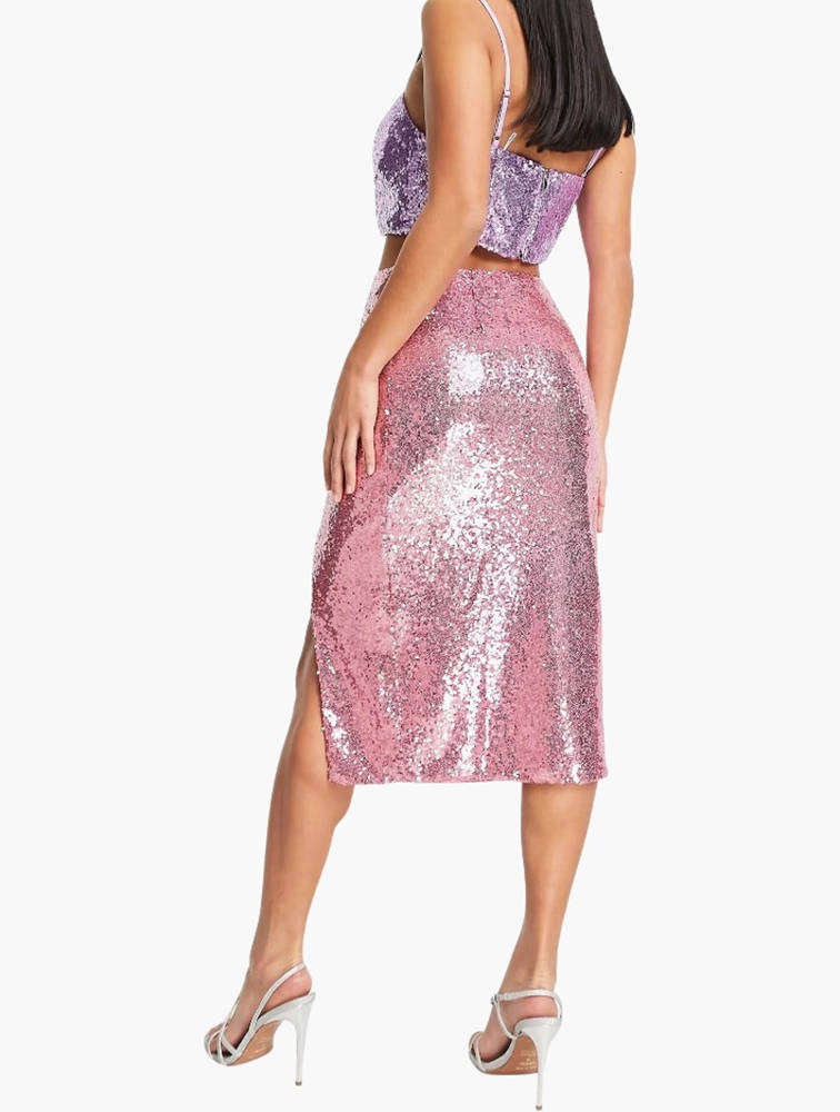Collective The Label petite sequin split midi skirt co-ord in pink UK6