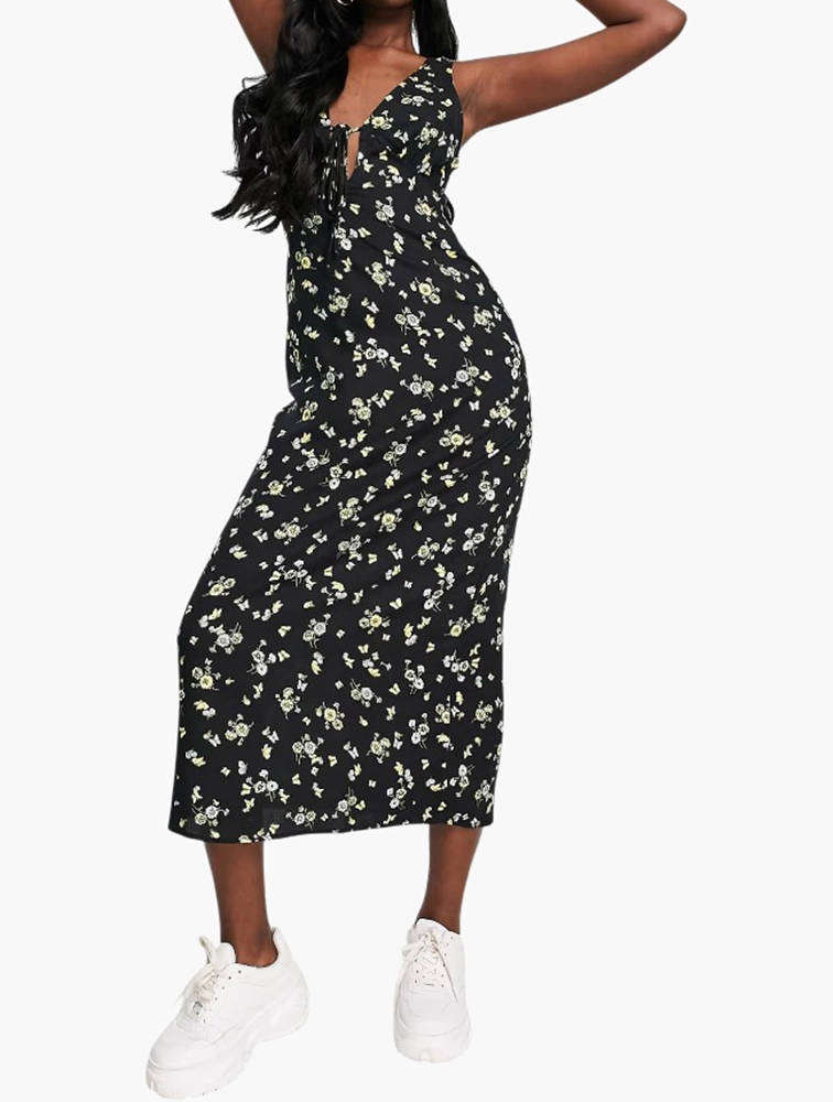 Motel Midaxi Tea Dress with Tie Front in Lemon Black Floral - Multi Size Small