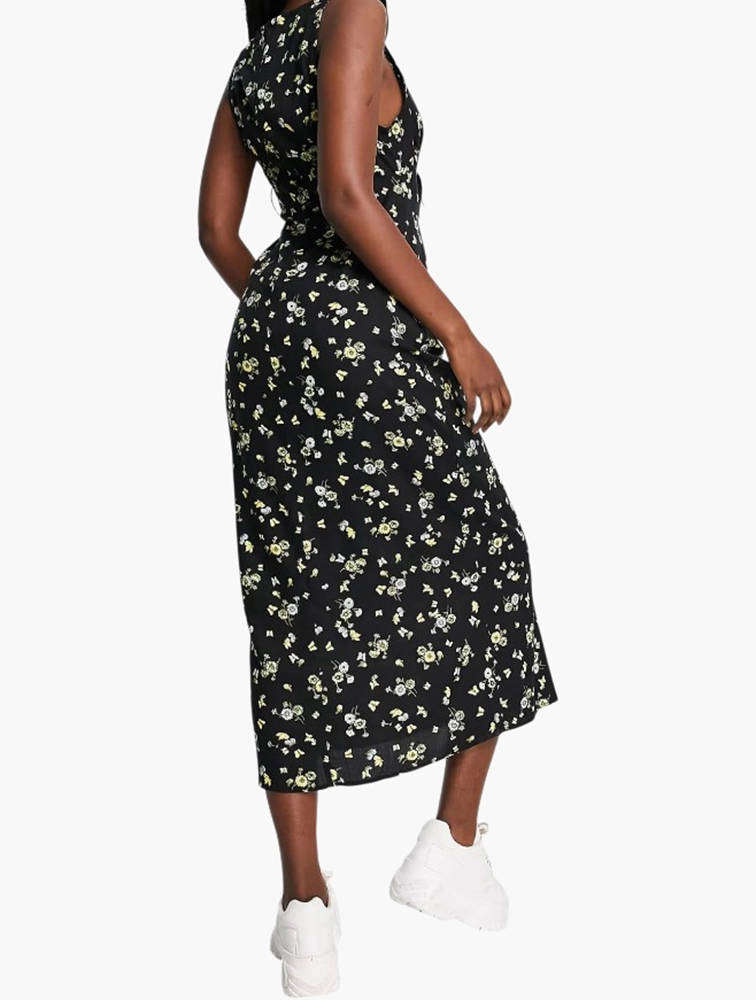 Motel Midaxi Tea Dress with Tie Front in Lemon Black Floral - Multi Size Small