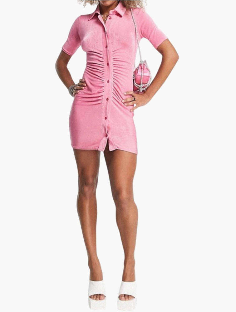 AsYou Pink Textured Slinky Ruched Shirt Dress Size UK12