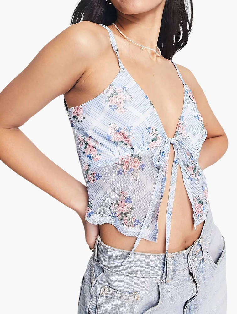 Missguided floral mesh tie front cami top UK14 new