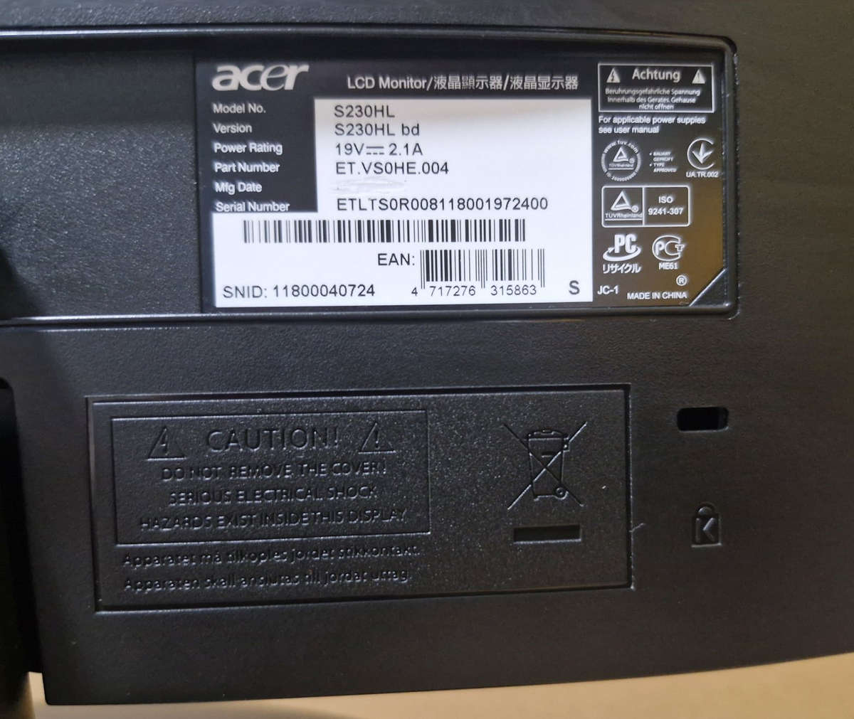 Acer 23 Inch,  HD LCD Monitor S230HL, VGA / DVI