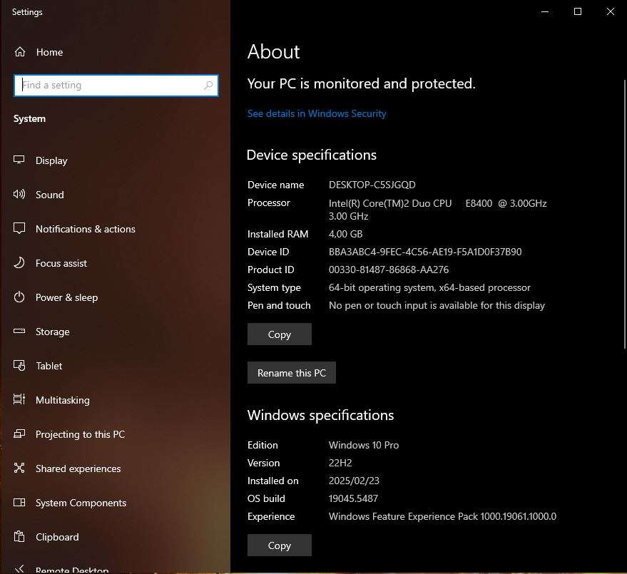 Windows 10 Desktop PC, GT1030 1Gb GPU, C2Duo E8400 CPU, 4Gb RAM, 250Gb SSD, DVD