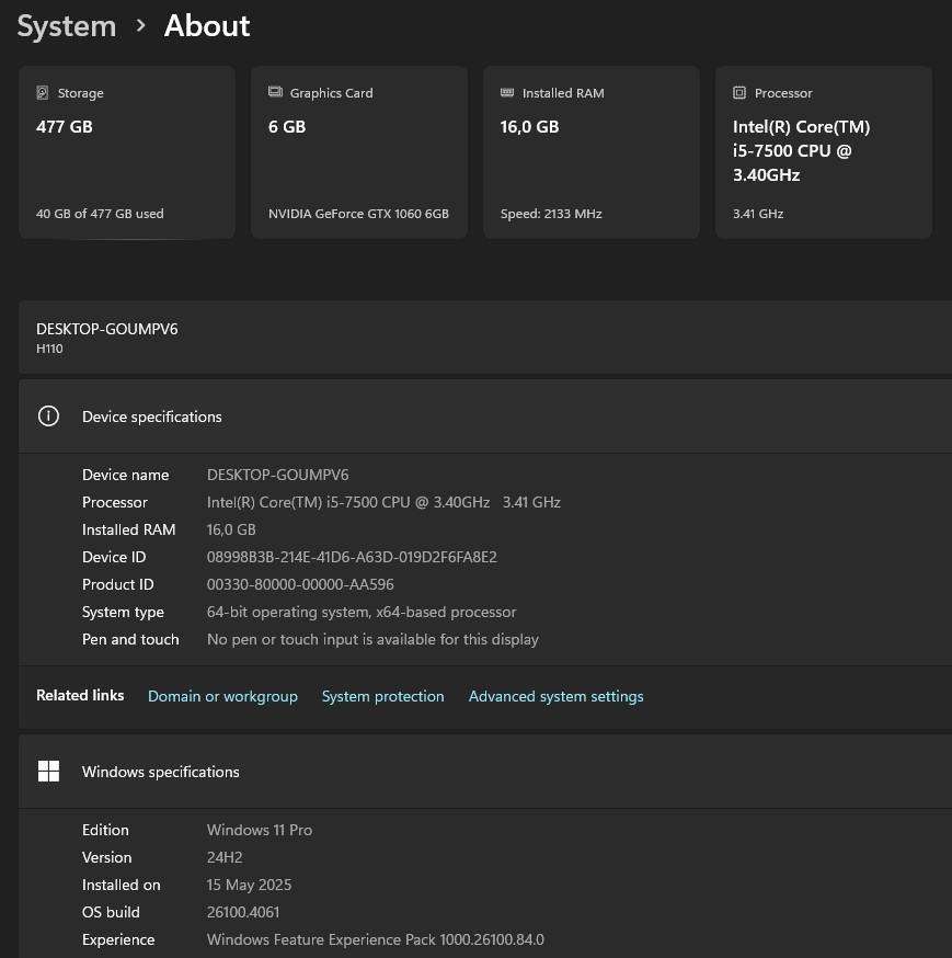 Gaming PC with ARGB, GTX1060 6Gb GPU, i5-7500 CPU, 16Gb RAM, 512Gb NvMe, Win 11 Pro