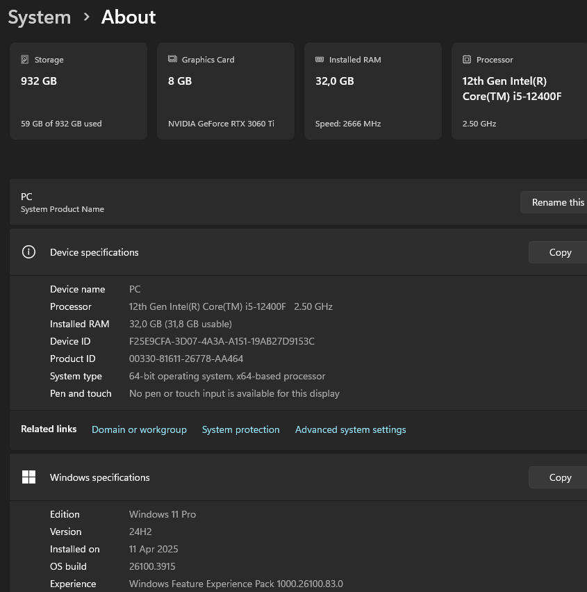 Gaming PC with ARGB, RTX3060 Ti 8Gb GPU, i5-12400F CPU, 32Gb RAM, 1Tb NvMe, Win 11 Pro