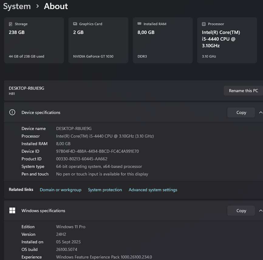 Windows 11 Desktop PC, GT 1030 2Gb GPU, i5-4440 CPU, 8Gb RAM, 256Gb NvMe, DVD, Win 11 Pro