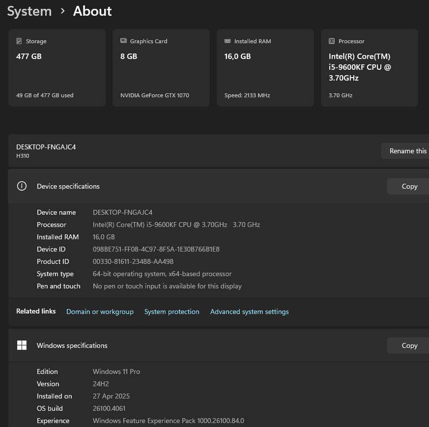 Gaming PC with ARGB, GTX1070 8Gb GPU, i5-9600KF CPU, 16Gb RAM, 512Gb NvMe, Win 11 Pro