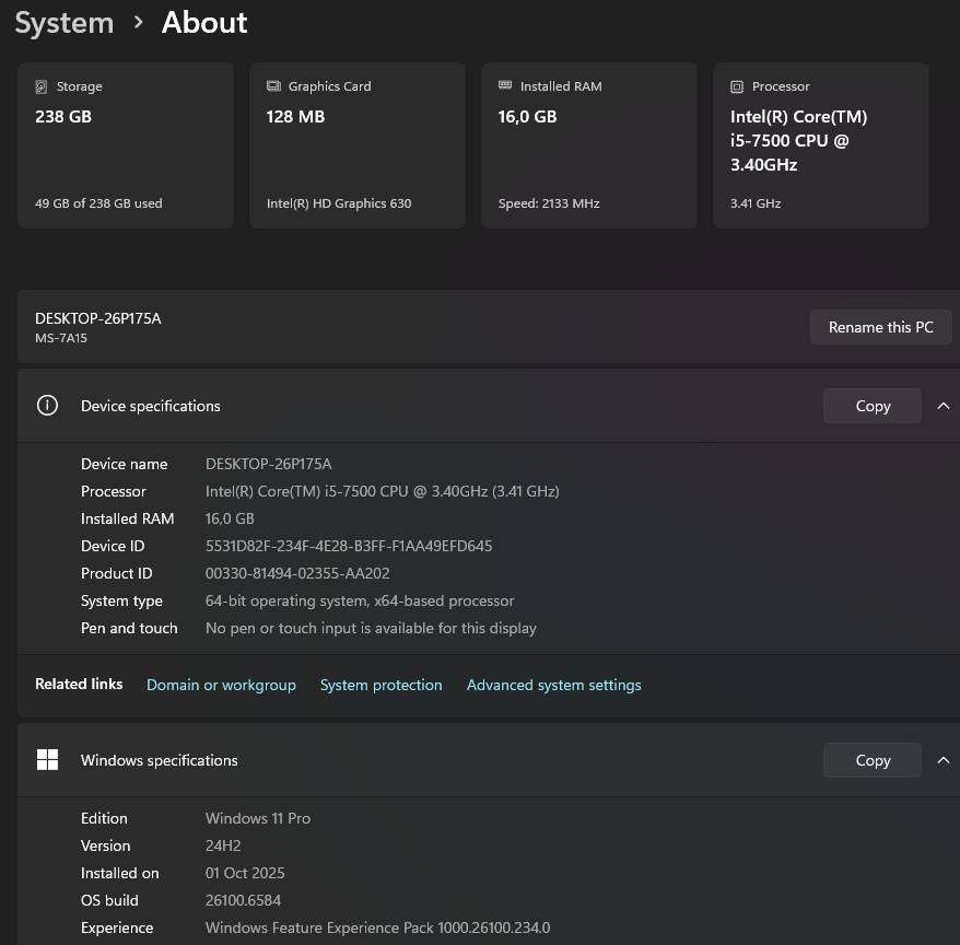 Gaming PC, MSI H110M Pro M/B, i5-7500 CPU, 16Gb RAM, 256Gb NvMe, no GPU, Win 11 Pro