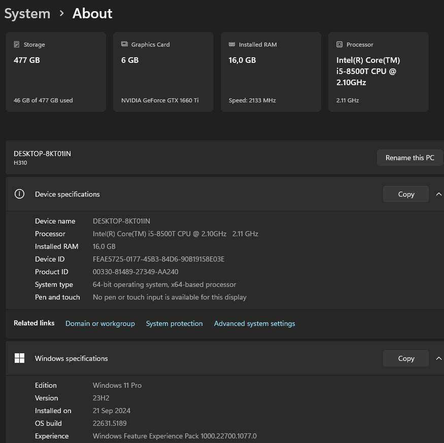 Gaming PC with ARGB, GTX1660 Ti 6Gb GPU, i5-8500T CPU, 16Gb RAM, 512Gb NvMe, Win 11 Pro