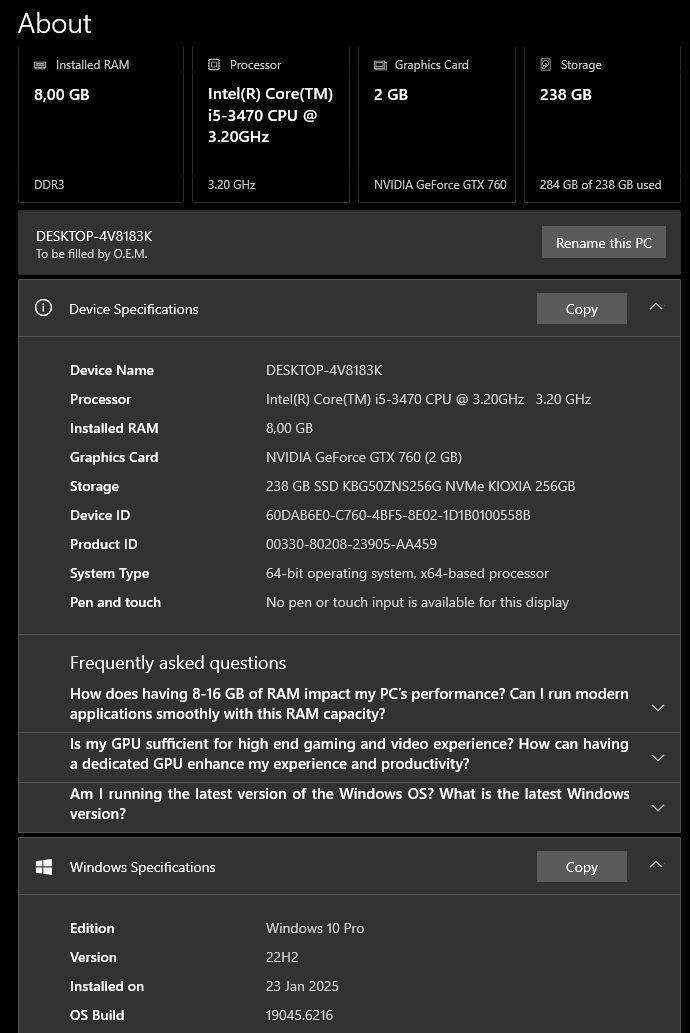 Windows 10 Desktop PC, GT 760 2Gb GPU, i5-3470 CPU, 8Gb RAM, 256Gb NvMe, DVD, Win 10 Pro