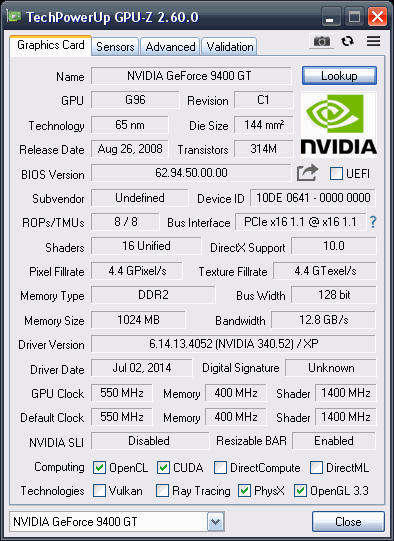 GeForce 9400GT 1Gb PCIe Graphics card