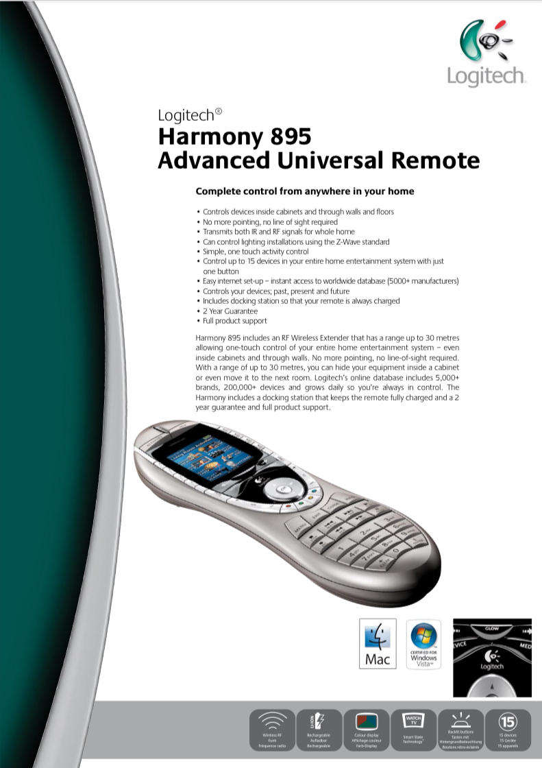 RE-LHR895 Logitech 966193 Harmony Remote 89- NO BATTERY.