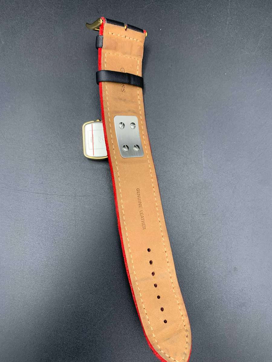 GUESS W12620L1 WOMEN'S BLACK LEATHER RED SUEDE WHITE STONE ANALOG CUFF WATCH