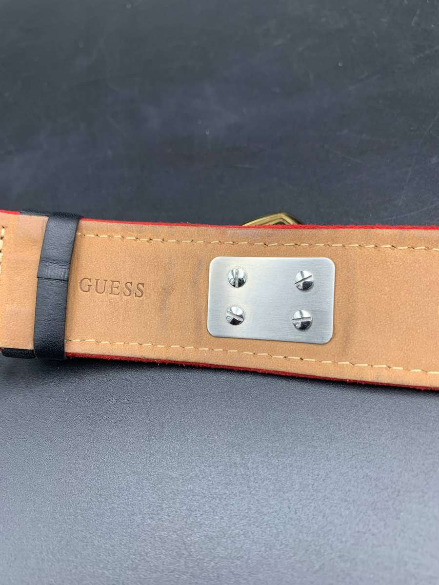 GUESS W12620L1 WOMEN'S BLACK LEATHER RED SUEDE WHITE STONE ANALOG CUFF WATCH