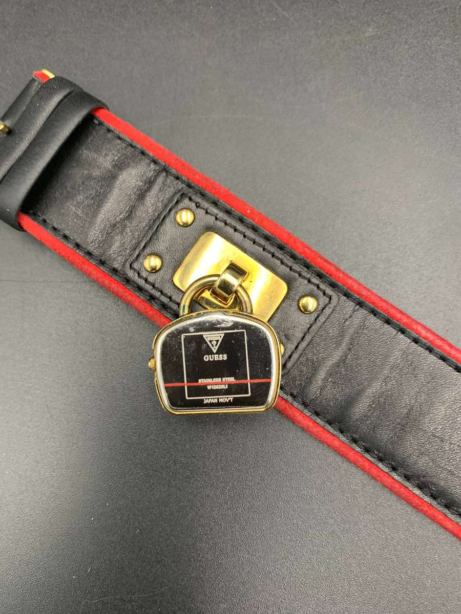 GUESS W12620L1 WOMEN'S BLACK LEATHER RED SUEDE WHITE STONE ANALOG CUFF WATCH