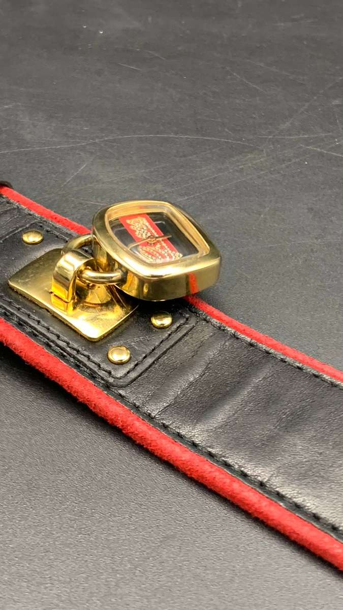 GUESS W12620L1 WOMEN'S BLACK LEATHER RED SUEDE WHITE STONE ANALOG CUFF WATCH