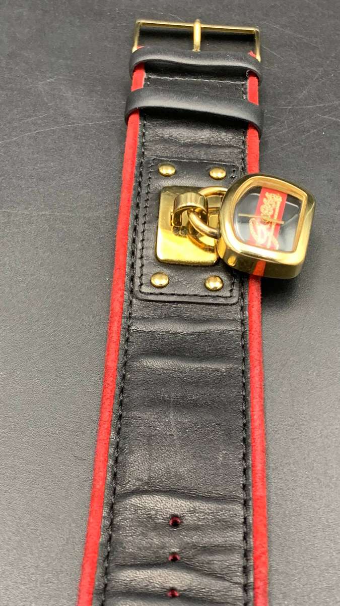 GUESS W12620L1 WOMEN'S BLACK LEATHER RED SUEDE WHITE STONE ANALOG CUFF WATCH