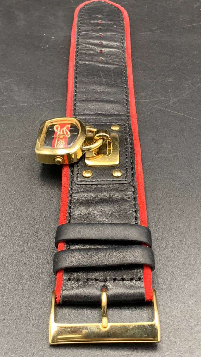 GUESS W12620L1 WOMEN'S BLACK LEATHER RED SUEDE WHITE STONE ANALOG CUFF WATCH