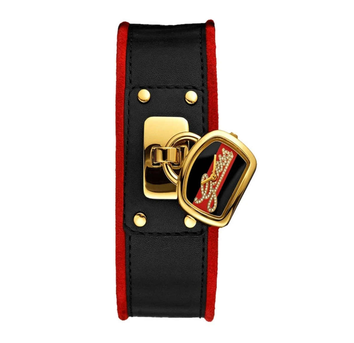 GUESS W12620L1 WOMEN'S BLACK LEATHER RED SUEDE WHITE STONE ANALOG CUFF WATCH
