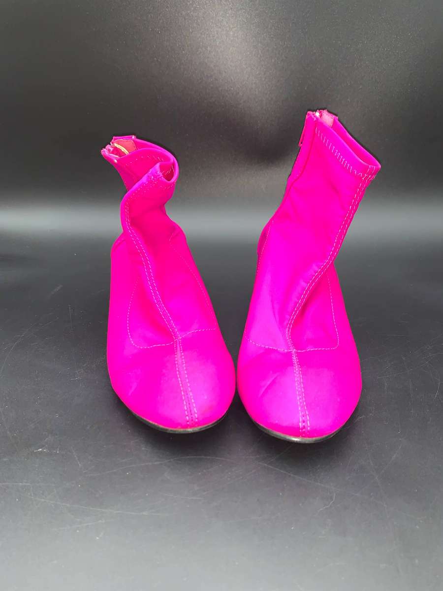 Vibrant Pink Stretch Lycra Sock Booties Clear Translucent Chunky Heel Zip Up
