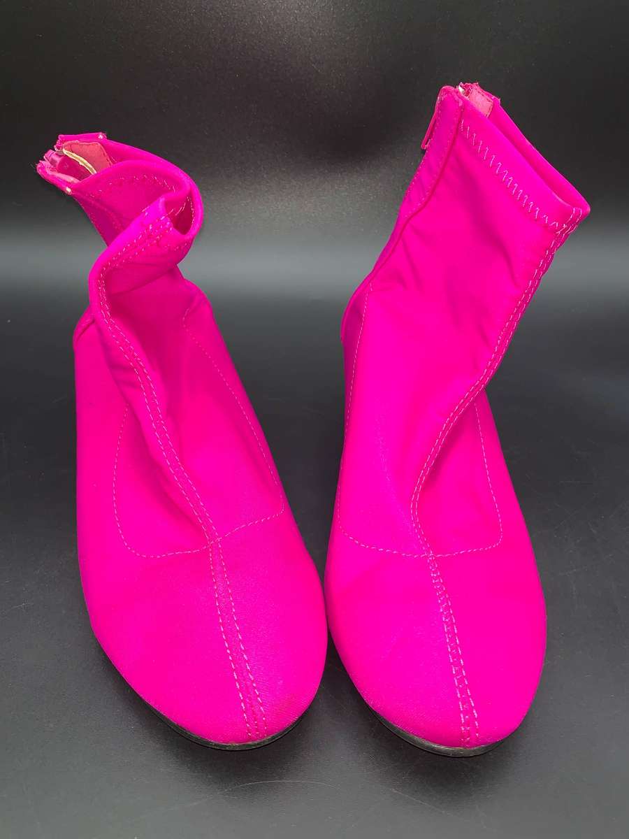 Vibrant Pink Stretch Lycra Sock Booties Clear Translucent Chunky Heel Zip Up