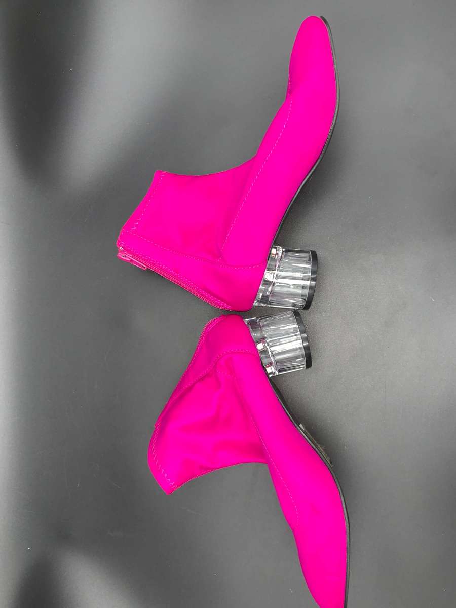 Vibrant Pink Stretch Lycra Sock Booties Clear Translucent Chunky Heel Zip Up