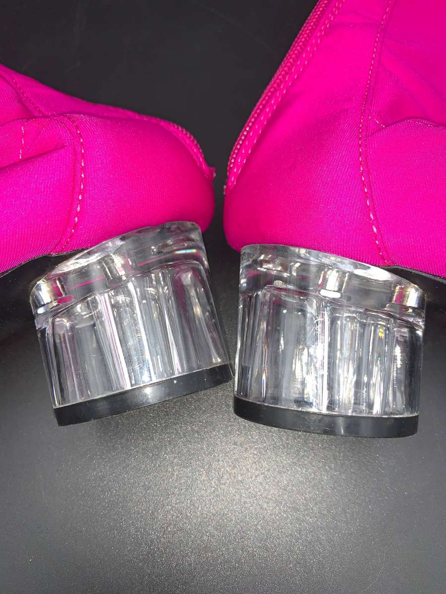 Vibrant Pink Stretch Lycra Sock Booties Clear Translucent Chunky Heel Zip Up
