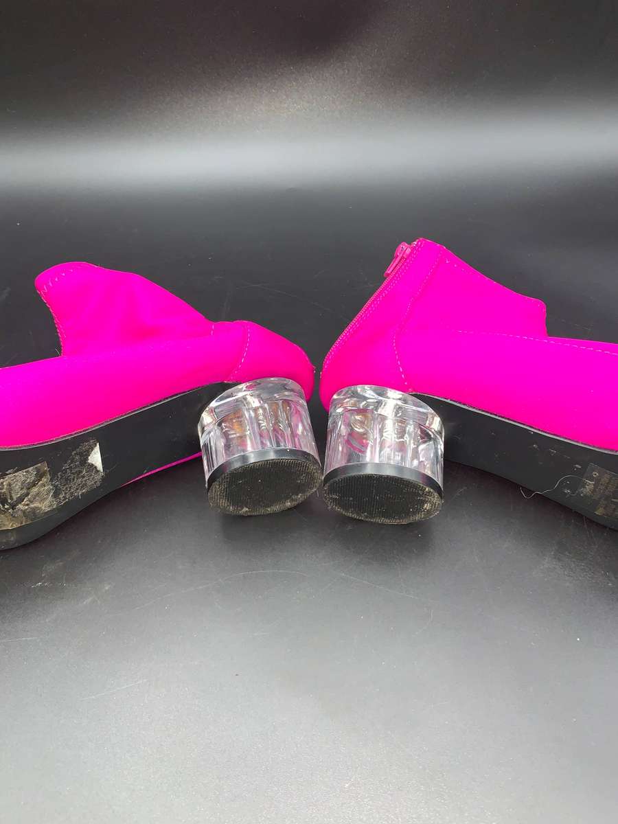 Vibrant Pink Stretch Lycra Sock Booties Clear Translucent Chunky Heel Zip Up