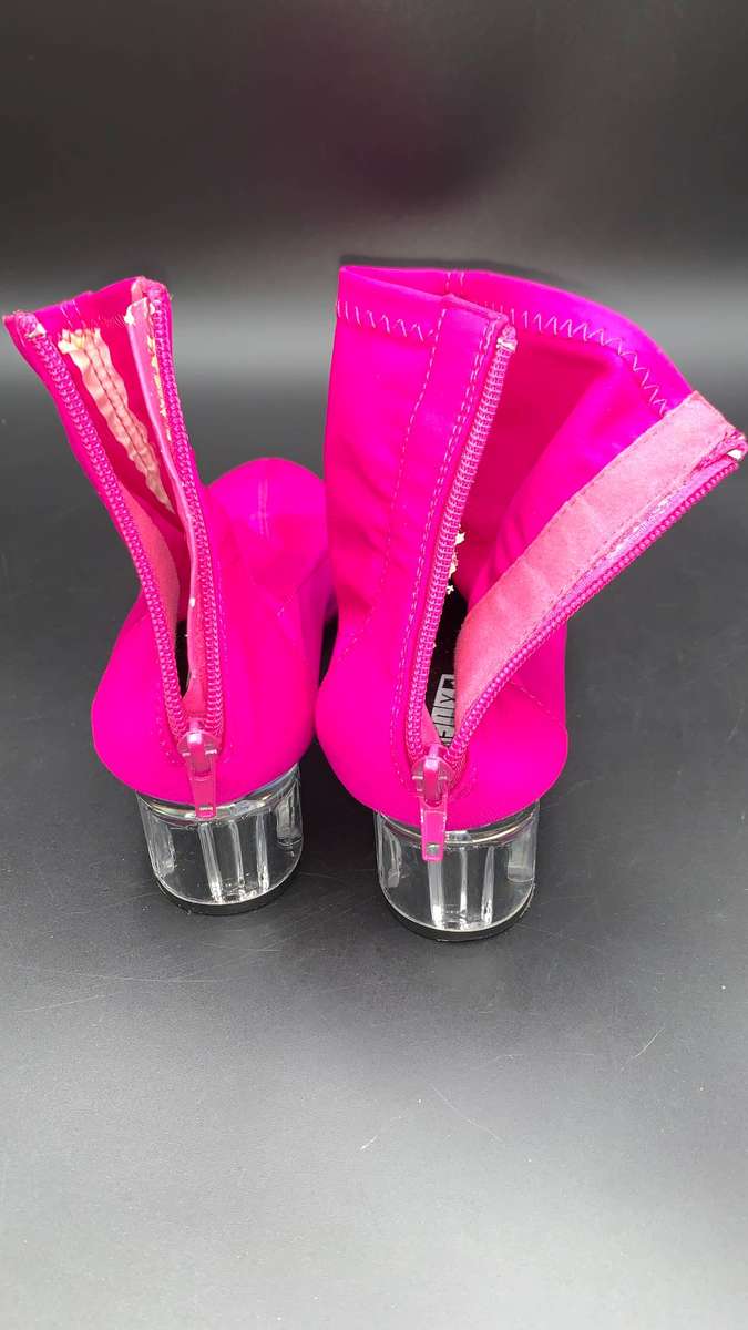 Vibrant Pink Stretch Lycra Sock Booties Clear Translucent Chunky Heel Zip Up