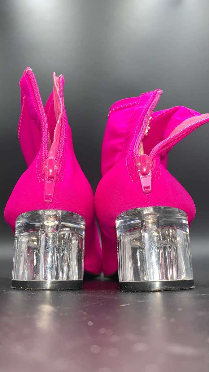 Vibrant Pink Stretch Lycra Sock Booties Clear Translucent Chunky Heel Zip Up