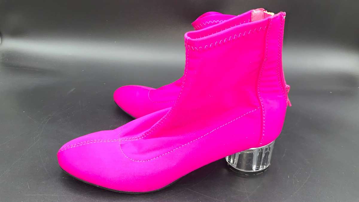 Vibrant Pink Stretch Lycra Sock Booties Clear Translucent Chunky Heel Zip Up