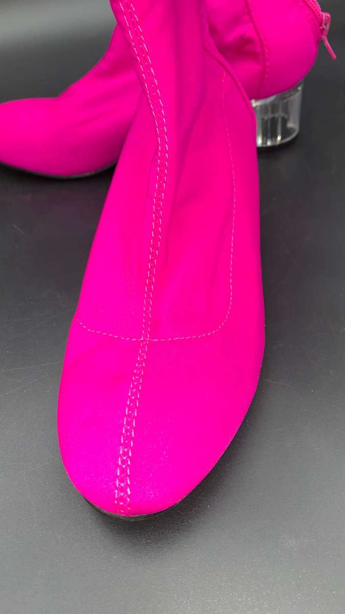 Vibrant Pink Stretch Lycra Sock Booties Clear Translucent Chunky Heel Zip Up