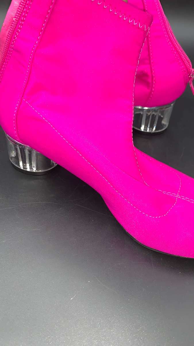 Vibrant Pink Stretch Lycra Sock Booties Clear Translucent Chunky Heel Zip Up