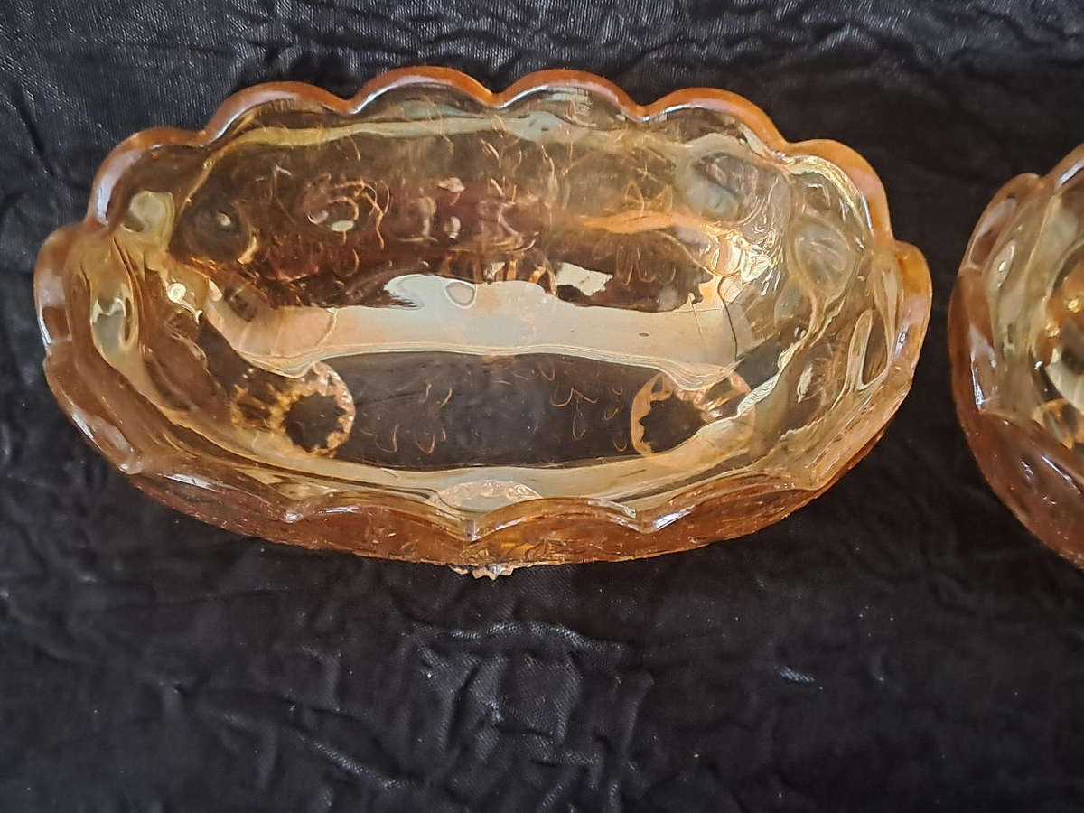 Pair of Jeanette Floragold Carnival glass sweet bowls