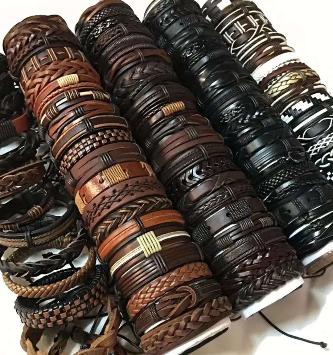 Ten-piece set of Men's and Women's PU Leather bracelets - Mixed Brown and Black Random