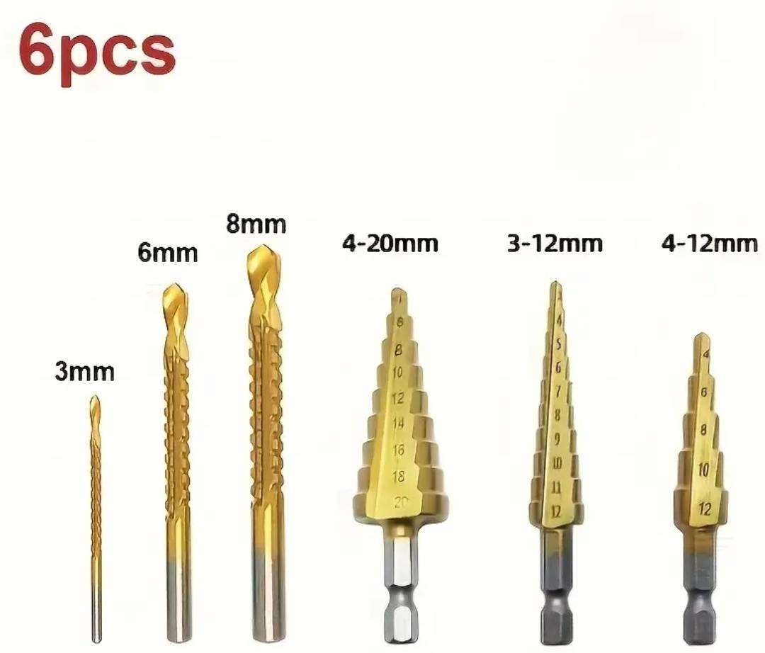 6pcs Titanium-Coated Chrome Vanadium Drill Bit Set with Red Storage Case