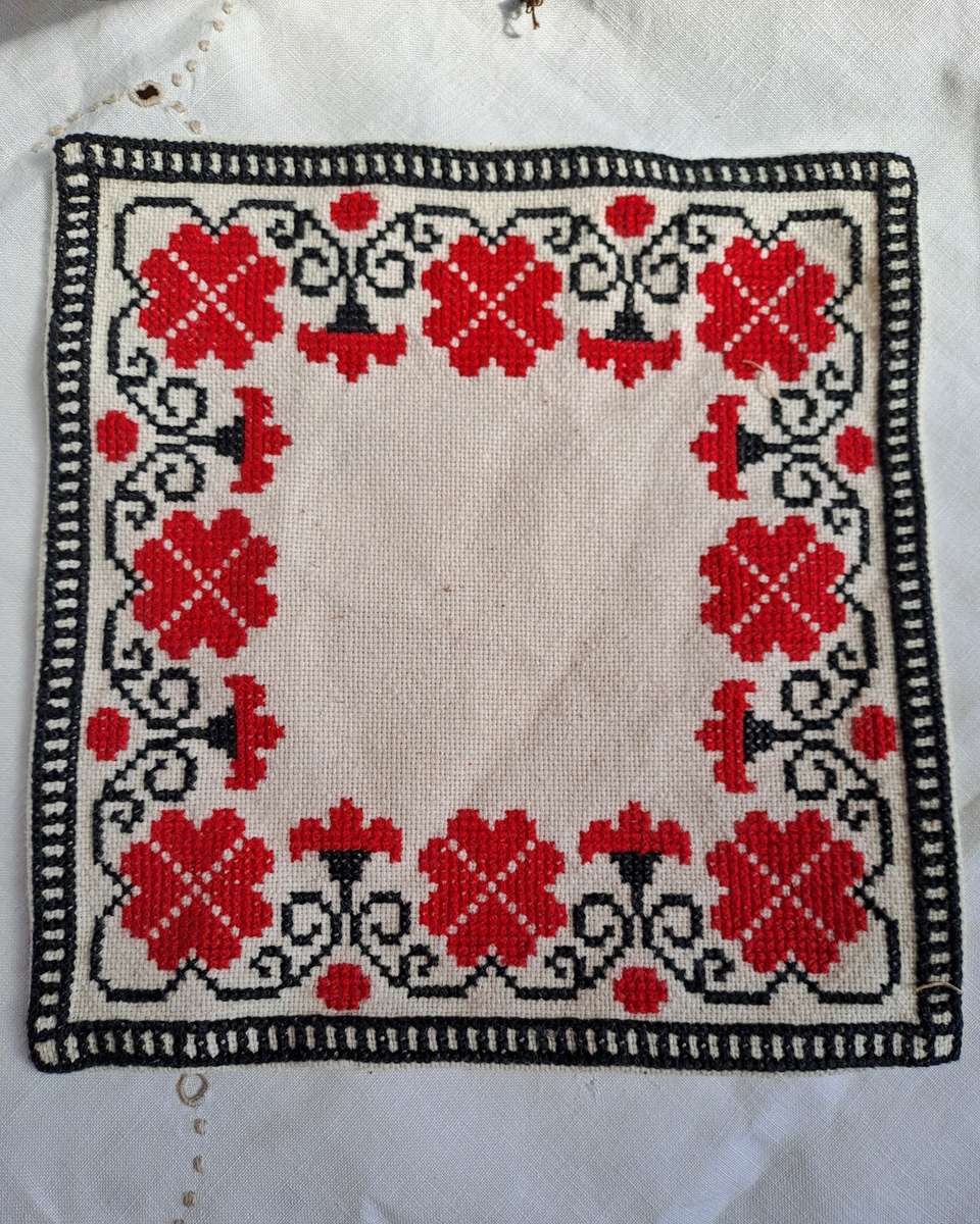 Pretty embroidered mat - colourful red cross stitch work - 18x18cm
