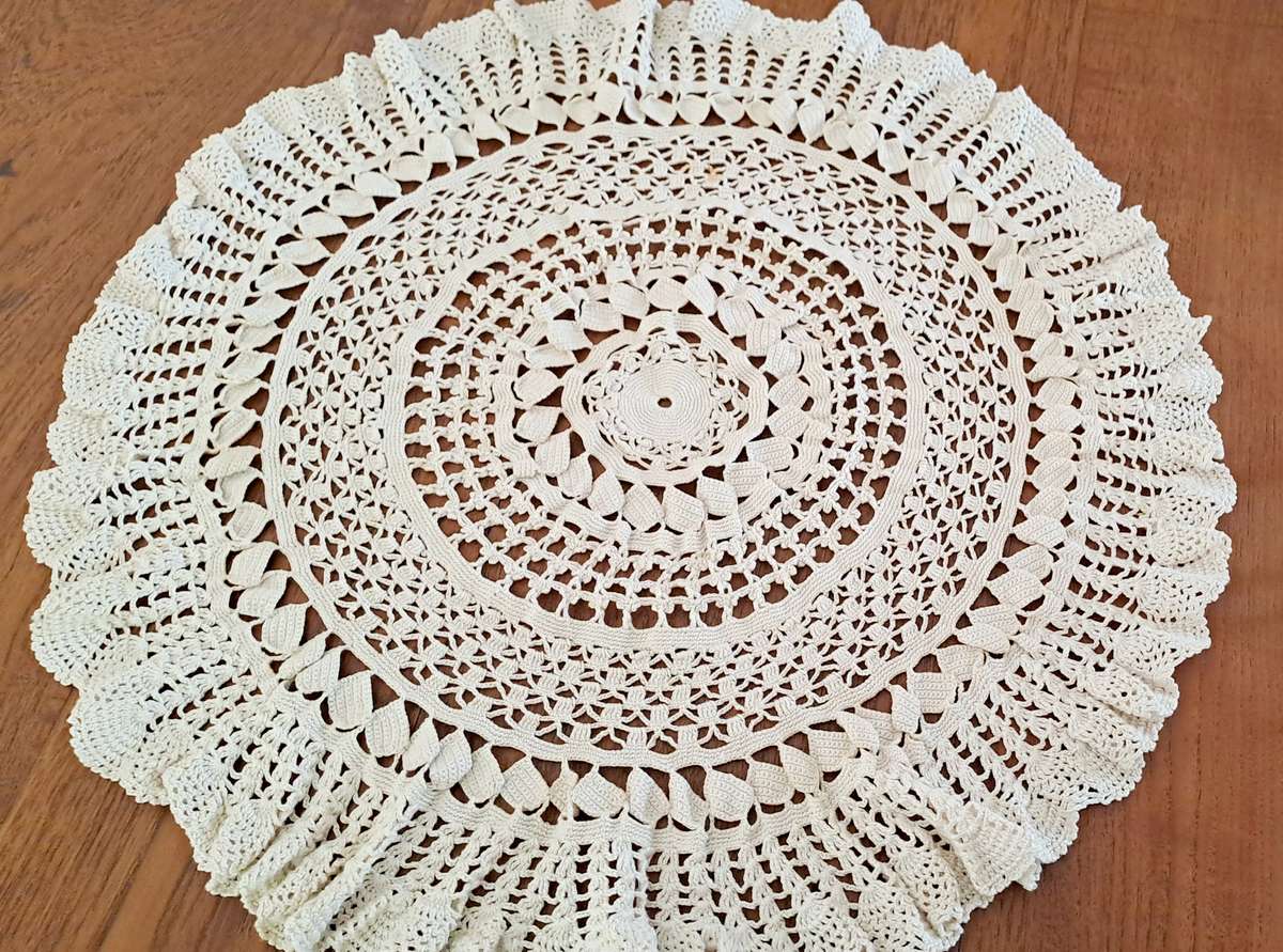 Large frilly crochet doily/ doilie - beige colour - 62 cm