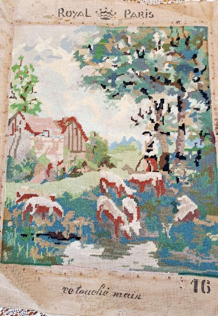 Completed tapestry - pastoral scene - 37 x 45cm - removed from frame