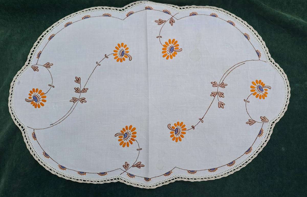 Embroidered tray cloth - linen - faint stain- 44 x 30 cm
