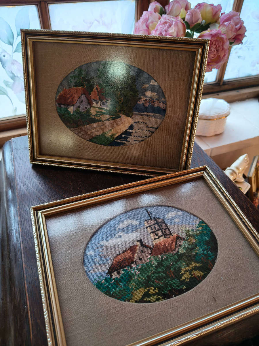 Pair of Vintage Hand-Stitched Needlepoint Pictures  Framed