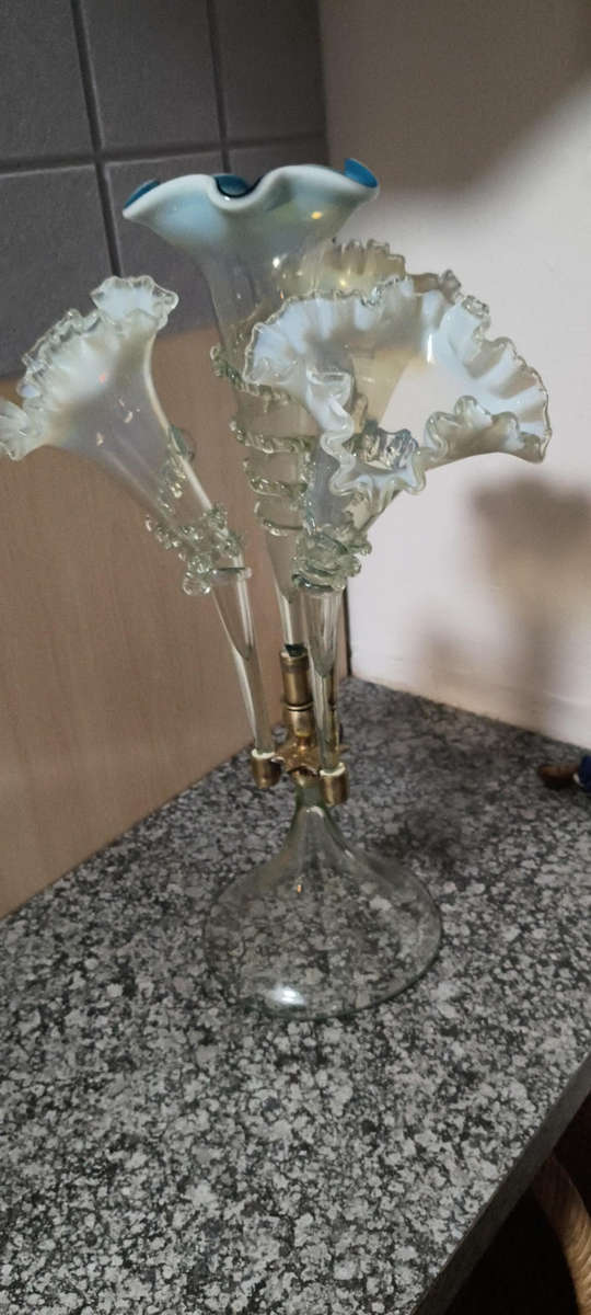 Victorian Epergne uranium and Blue glass Vase/ French Serving dish