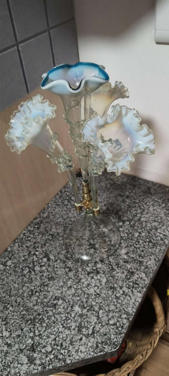 Victorian Epergne uranium and Blue glass Vase/ French Serving dish