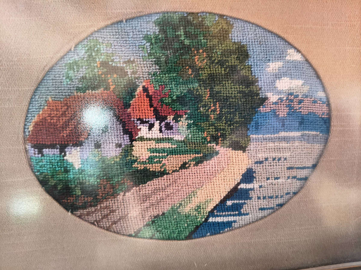 Pair of Vintage Hand-Stitched Needlepoint Pictures  Framed