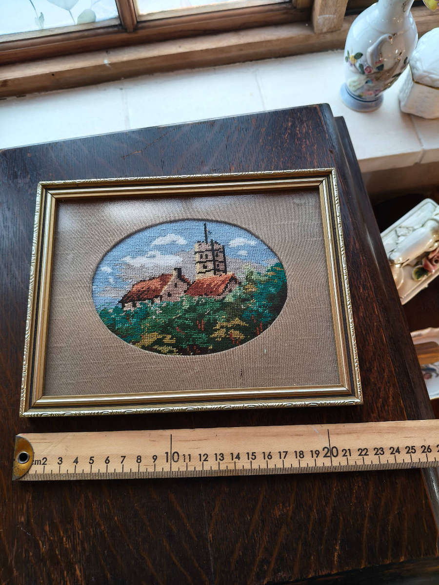 Pair of Vintage Hand-Stitched Needlepoint Pictures  Framed